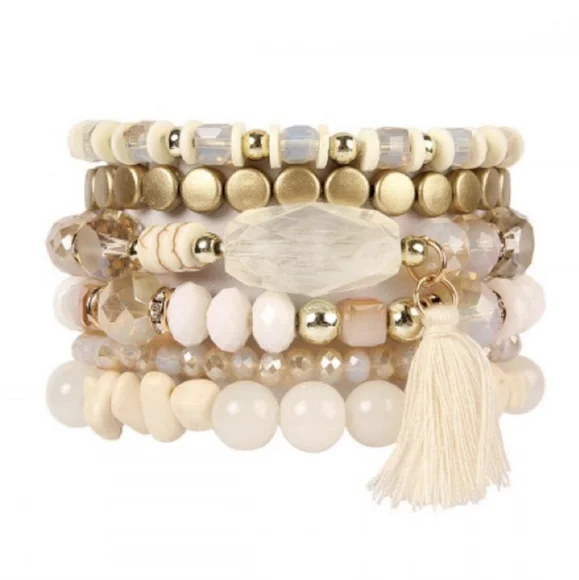 ONE Left! Beautiful Boho Style Ivory & Gold Neutral Toned Stacking Bracelets - Picture 2 of 4